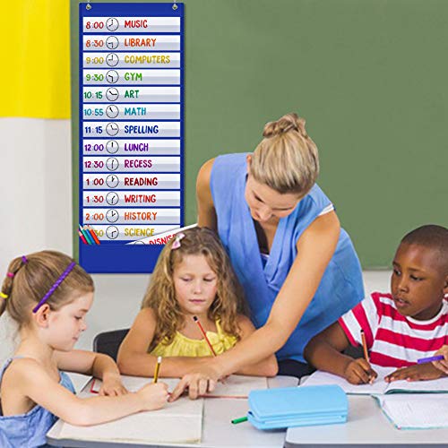Image of Scheduling Pocket Chart, 13+1 Pockert, Daily Class Schedule Pocket Chart with 18 Dry-Eraser Cards, Ideal for Classroom Office School Home Used, Over-door Mount (Blue)