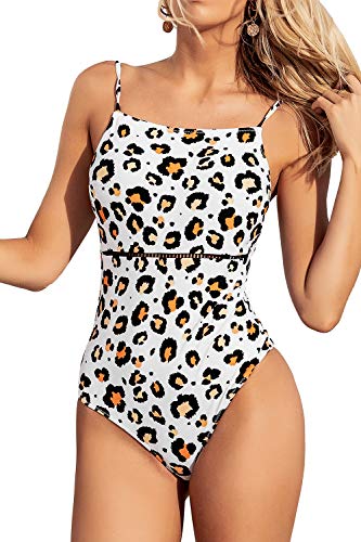 CUPSHE Women's One Piece Swimsuit Square Neck Leopard Print Low Back Swimwear Bathing Suits Multicolored XL