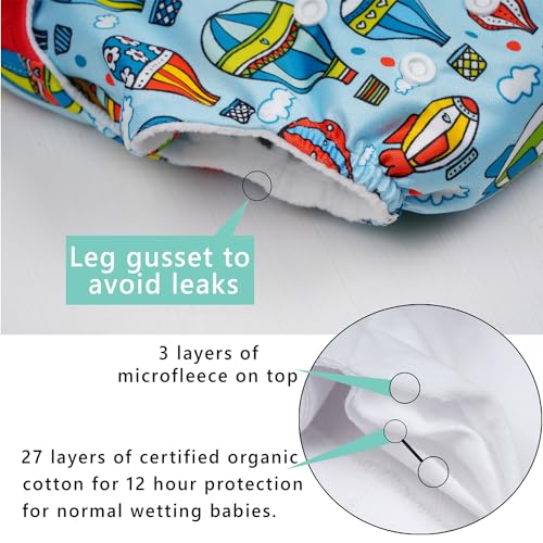 Image of Ambaby Cloth Diapers Combo Pack Quick Dry Comfort Gots Certified Free Size Button Adjustable, Washable, Reusable, Multilayered Cotton Pads And Boosters, Parachute And Animals Blue Printed - Pack Of 2