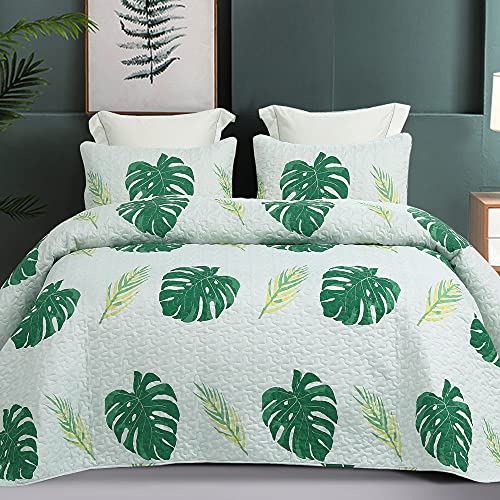 Whale Flotilla 3-Piece Printed King Size Quilt Bedding Set With 2 Pillow Shams Lightweight Reversible Bedspreads Coverlet Set For All Season, Green Palm Leaves #TOP1