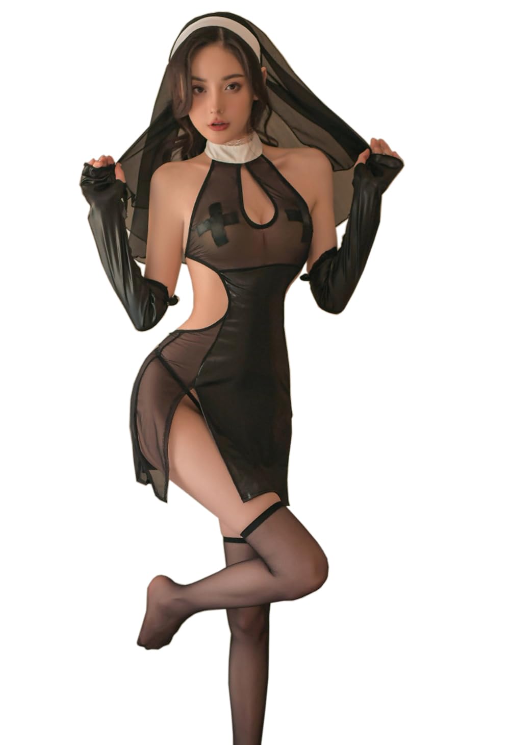 SINROYEE Damska seksowna bielizna cosplay kostium zakonnicy anime diabeł owaty strój Halloween gotycka sukienka z wysokim rozcięciem