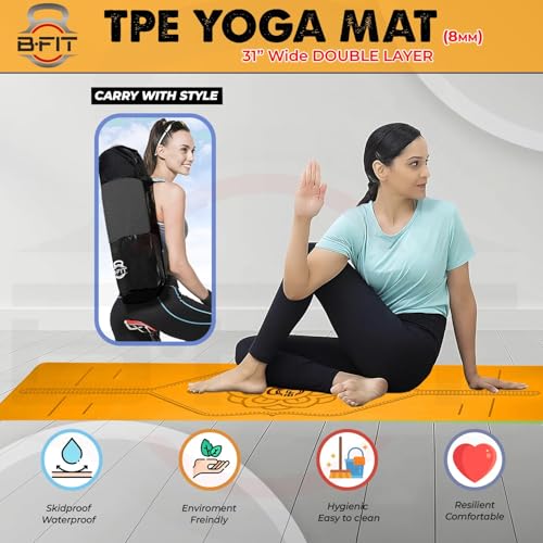 Image of B Fit 8 MM Thick Wide 31x72 Inch Original TPE Yoga Mat - Free Yoga Bag and Strap Included - With Alignment System, Non-slip, Eco-friendly, sweat-resistant (Orange-Black)