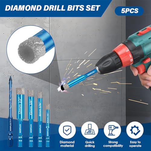 Image of Serplex 5Pcs Diamond Drill Bit 6-12mm Diamond-Coated Core Bits with 8mm Twist Drill, 1 /4 Inch Hex Shank, 5 /16 inch 1 /4 inch 3 /8 inch 1 /2 inch Dry Tile Drill Bit Set for Porcelain Tile Ceramic Stone Granite Marble