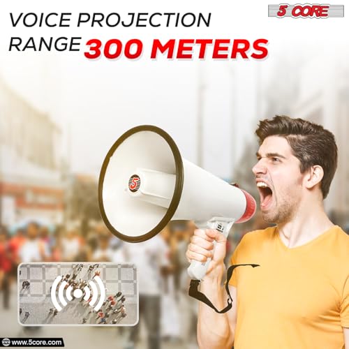 5 CORE Megaphone Bull Horn 50W Power 300 Meter Range Loud Siren Rechargeable Bullhorn PA Speaker System w Recording USB SD Card Adjustable Volume for Coaches Speeches Events Battery Included