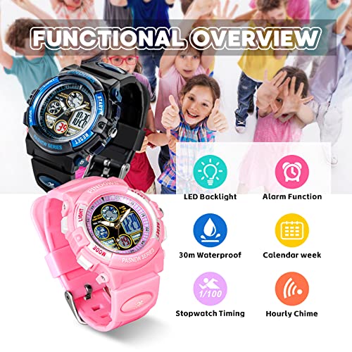 Pindows Kids Watch, Kids Multifunctional Digital Sport Watch For Boys Girls Ages 5-15,Waterproof Sports Outdoor Kids 12/24 Display Wristwatch With Led Light Alarm Calendar Stopwatch,Perfect Kids Gift #TOP1