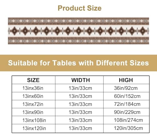 Image of Aztec Geometric Table Runner, Southwestern Tribal Pattern Faux Linen, Rustic Brown Boho Dining Table Decor for Farmhouse Kitchens 13x90 Inch