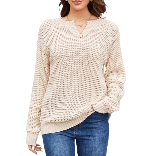 Womens Sweaters Casual Long Sleeve Waffle Knit V Neck Fall Trendy Crochet Ribbed Warm Pullover Sweater Tops