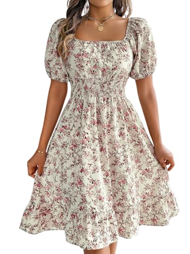 Off-The-Shoulder Dress, Floral Puff Sleeve, Knee-Length A-Line, Bohemian Flower Square-Neck Boho