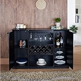 Wine BAR Buffet and Storage Cabinet with Center Glass and Wine Rack, Side Shelves, and Open Focal Point Shelf (Black)