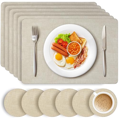 Beige Placemats and Coasters - Set of 6 Large PU Leather Coasters and Place Mats for Table, Heat Resistant up to 100℃, Stain Resistant Wipe Clean Placemats, 43cm x 30cm