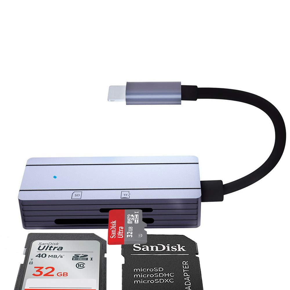 sunshot SD/TF Card Reader for iPhone/iPad, Portable Memory Card Camera Reader Adapter Supports SD/TF Card Reading Plug and Play, No App Required, High Transfer Speed (Grey)