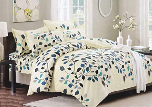 Bullahshah Leaves Branch Nature Print Duvet Cover Bedding Set with Pillowcases, Cream/Blue/Green (Double)