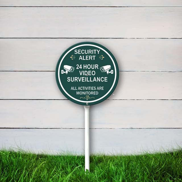 9.2 x 9.2 inch Security Alert 24 Hour Video Surveillance All Activities Monitored Sign with Stake for Yard，Yard Sign for House/Garden/Lawn Aluminum Yard Signs with Stakes