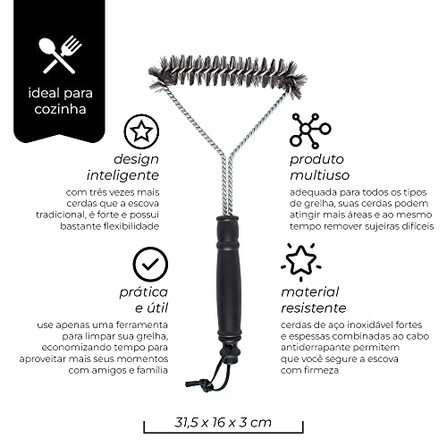 Mimo Style Escova Para Limpar Gelha Três Lados, Para Limpar Grelha e Churrasqueira Com Cabo. Feita E