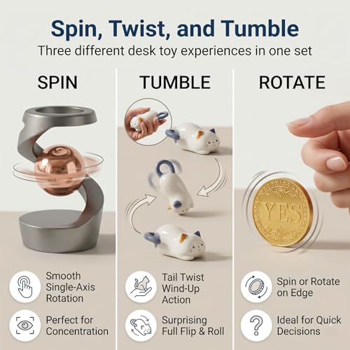 Velmory 3PCS Office Desk Fidget Set with Kinetic Spinning Toy,Tumbling Cat Wind-Up Toy and YES NO Decision Coin, Office Desk Toys for Stress Relief, Cute Desktop Gifts for Men Women - Image 3