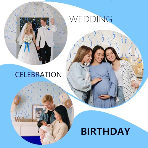 Image of Royal Blue Hanging Swirls Party Decorations 30 Pack- Extra Long Double Swirl Ceiling Decorations for Birthday, Baby Shower, Christmas, Wedding | Reusable Blue Party Streamers with Hooks