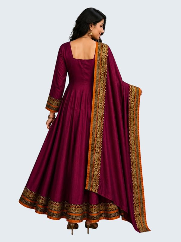 Image of Women's Vichitra Silk Anarkali Gown with Dupatta | Designer Flared Ethnic Long Gown for Women | Festive Wedding Traditional Dress