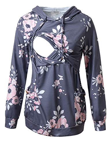 Image of GINKANA Womens Nursing Hoodie Top Sweatshirt Long Sleeve Button Decoration Pockets Shirts Tunic Top
