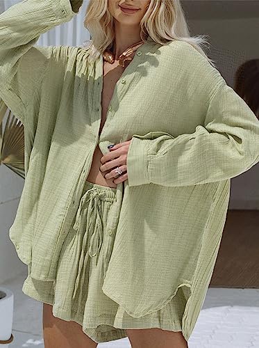 Fixmatti Women Button Down Long Sleeve Shirt with Shorts Set Casual Matching Set Streetwear 2 Piece Summer Outfits Green S - Thumbnail 4