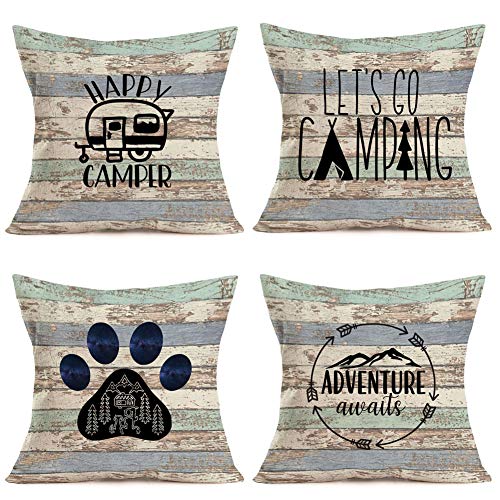 Royalours Camping Happy Camper Pillow Covers Cotton Linen Rustic Wood Background Inspirational Words Lettering Throw Pillow Cases Cushion Cover Home Sofa Office Decor 18