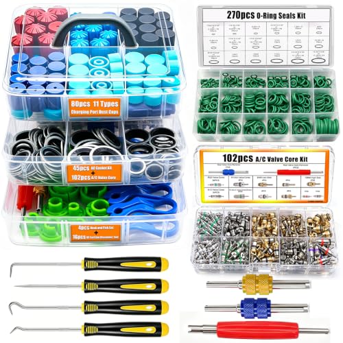 Image of Taiss 6 Set Car A /C Repair Kits,102PCS A /C Valve Core Kit+270pcs O Ring Seals+80pcs Valve Core Caps+45pcs A /C Compressor Seal Washers+16PCS AC Fuel Line Disconnect Tool Set+4PCS Oil seal hook(517PCS)