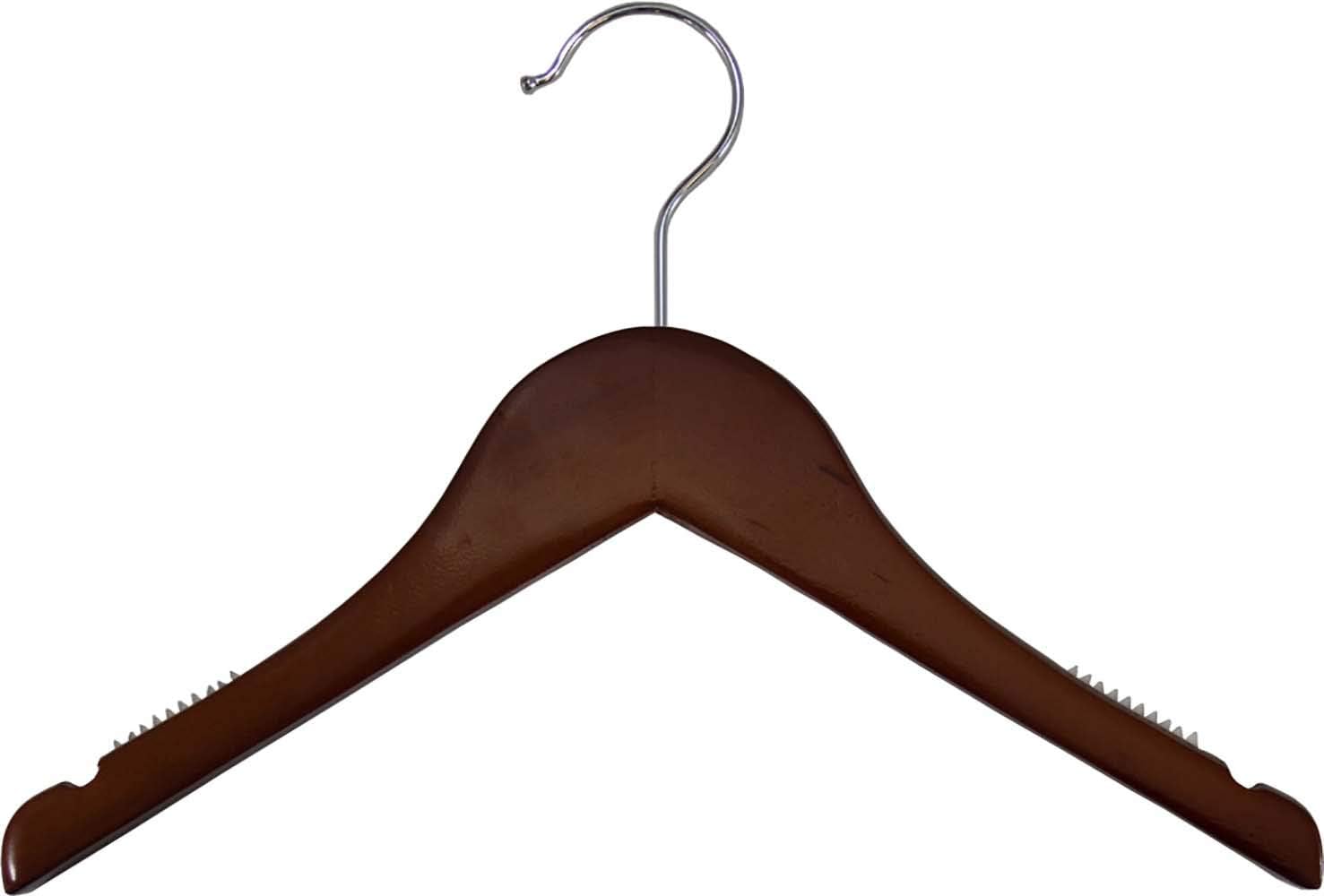Kids Walnut Finish Wood Top Hanger with Notches and Rubber Strips in 12" Length X 7/16" Thick with Chrome Hardware, Box of 25