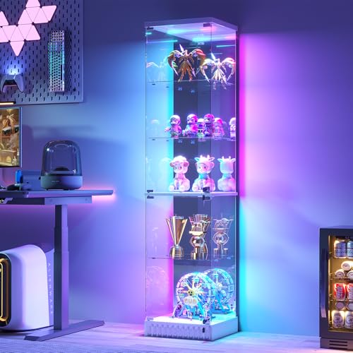 Gurexl Glasvitrine mit Dynamische Beleuchtung Stand Eckvitrine mit Körpersensor System Weinschrank Vitrine mit 2 abschließbare Glastüren und 3 verstellbare Glasböden für Wohnzimmer Esszimmer Weiß