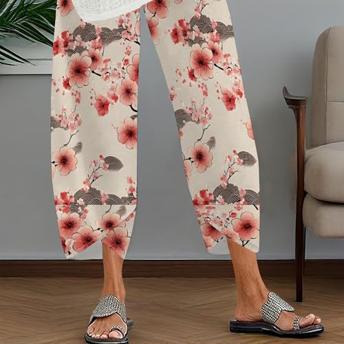 Fashion Graphic High Waist Elastic Cropped Capri Pants for Women Wide Leg Boho Floral Print Trousers with Packets3