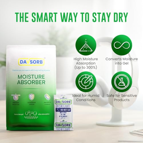 Image of DAVSORB Moisture Absorber-Prevent Fungus, Dampness & Musty Odour - (Approx 5 gm x 40 Packets), White Color