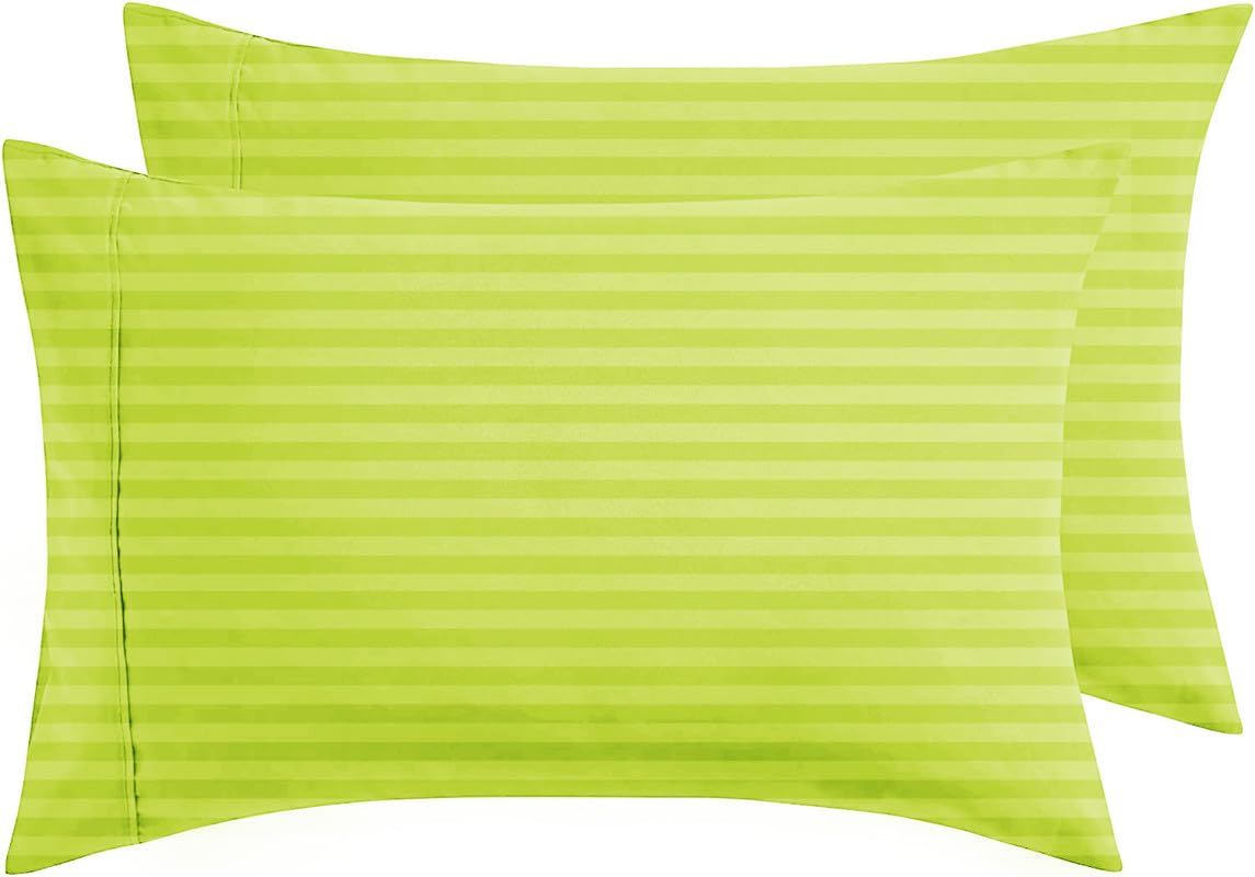 BSB HOME® 220 TC Premium Glace Cotton Solid Striped Pillow Covers | Ultrasoft Breathable Envelope Closure| Pack of 2 Pillow Covers King Size (Parrot Green, 20 x 30 Inches)