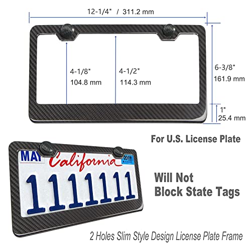 Zxfoog Carbon Fiber License Plate Frame- 100% Handcrafted Real Carbon Fiber Cloth Wrap Holder, Wide Edge Black Aluminum Car Tag Cover With Stainless Steel Screws Caps, Rattle Proof Pad, 1 Pack 2 Hole #TOP2