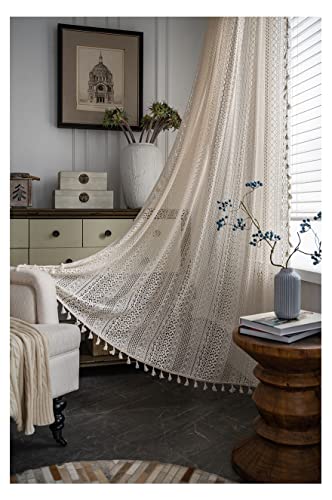 Mvmva Lace Curtains 84 Inches Long -  2 Panels Boho Windows Sheer Curtains Crochet Vintage Cotton Tassel Window Curtains Panels For Bedroom Living Room (Crochet Beige, 59" X84 ) #TOP5