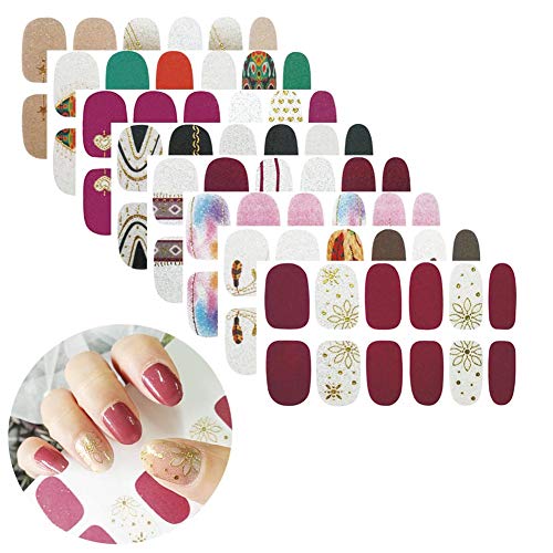 8 Sheets Nail Polish Stickers Full Nail Wraps Nails Art Polish Strips Decal Nail Art Decoration Self-Adhesive Nail Sticker Designs Color Nails Strips for Women Manicure Tips Charm Accessories