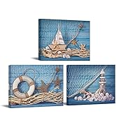 LevvArts 3 Piece Beach Canvas Wall Art Seashell Startfish with Blue Board Picture Prints Maritime...