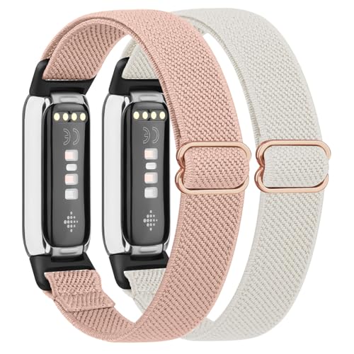 2 Pack Adjustable Elastic Bands for Fitbit Luxe Bands, Soft Stretchy Nylon Loop Strap Replacement Wristband for Fitbit Luxe/Luxe Special Edition Fitness Tracker Women Men (Pink/Starlight)