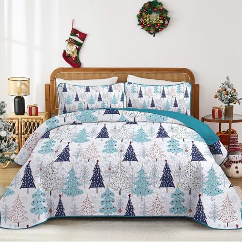 Dobuyly Christmas Quilt Set King, Blue Xmas Tree Pine Christmas Bedding