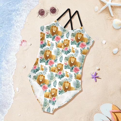 Lion Tropical Leave Flower Girls One Piece Swimsuits Summer Quick Dry Beach Bathing Suit3