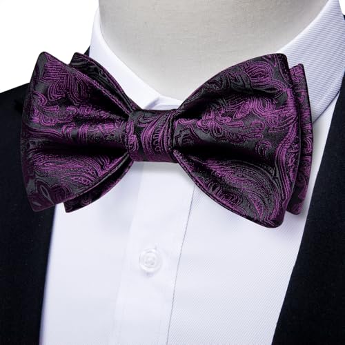 Image of DiBanGu Silk Bow Ties for Men Striped Solid Paisley Self Bowtie and Pocket Square Cufflinks Formal Tuxedo Bowtie Set Wedding, Purple Paisley