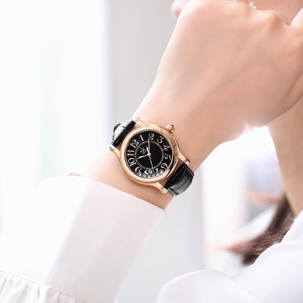 SHENGKE SK Casual Fashion Women's Watch Easy-to-Read Dial 12-Hour Display Round Case Analog Wrist Watch Soft and Breathable Leather Strap Black-Gold image 6 of 6 B0DFC32TGQ