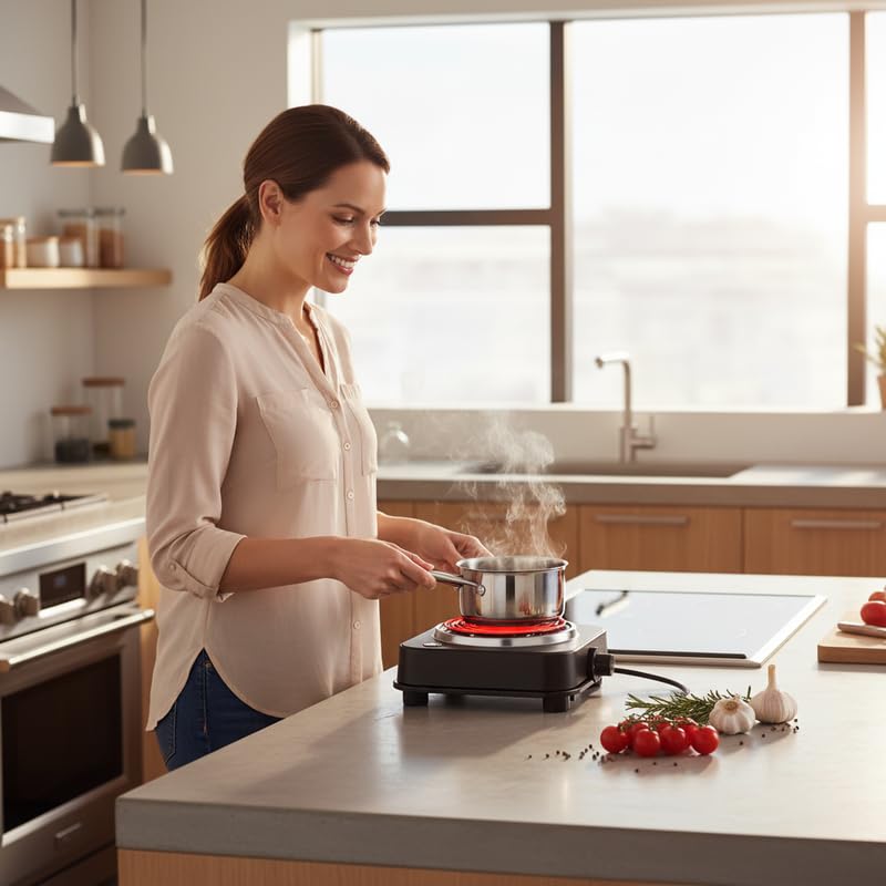 Image of Drumstone (𝐒𝐩𝐞𝐜𝐢𝐚𝐥 20 𝐘𝐞𝐚𝐫𝐬 𝐖𝐚𝐫𝐫𝐚𝐧𝐭𝐲) Portable 2000W Electric G Coil Stove with Stand, Fast Heating Cooktop for Kitchen, Home, Restaurant Cooking, Durable Black Design