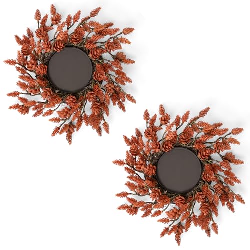 Fuxdre 2 Pcs Christmas Candle Rings Wreaths, 10 Inch Candle Wreath with Artificial Red Pinecone, Christmas Candle Holder Indoor Decor for Home Kitchen Desktop Centerpieces for Tables