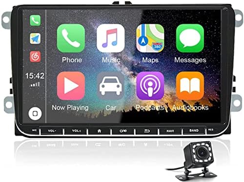 CAMECHO Android 10 Apple Play Car Stereo for VW Golf 5 Golf 6 Polo Skoda Seat 9 Inch Touch Screen Bluetooth Double Din Car Stereo with Sat Nav Backup Camera Support WiFi/RDS FM + Canbus