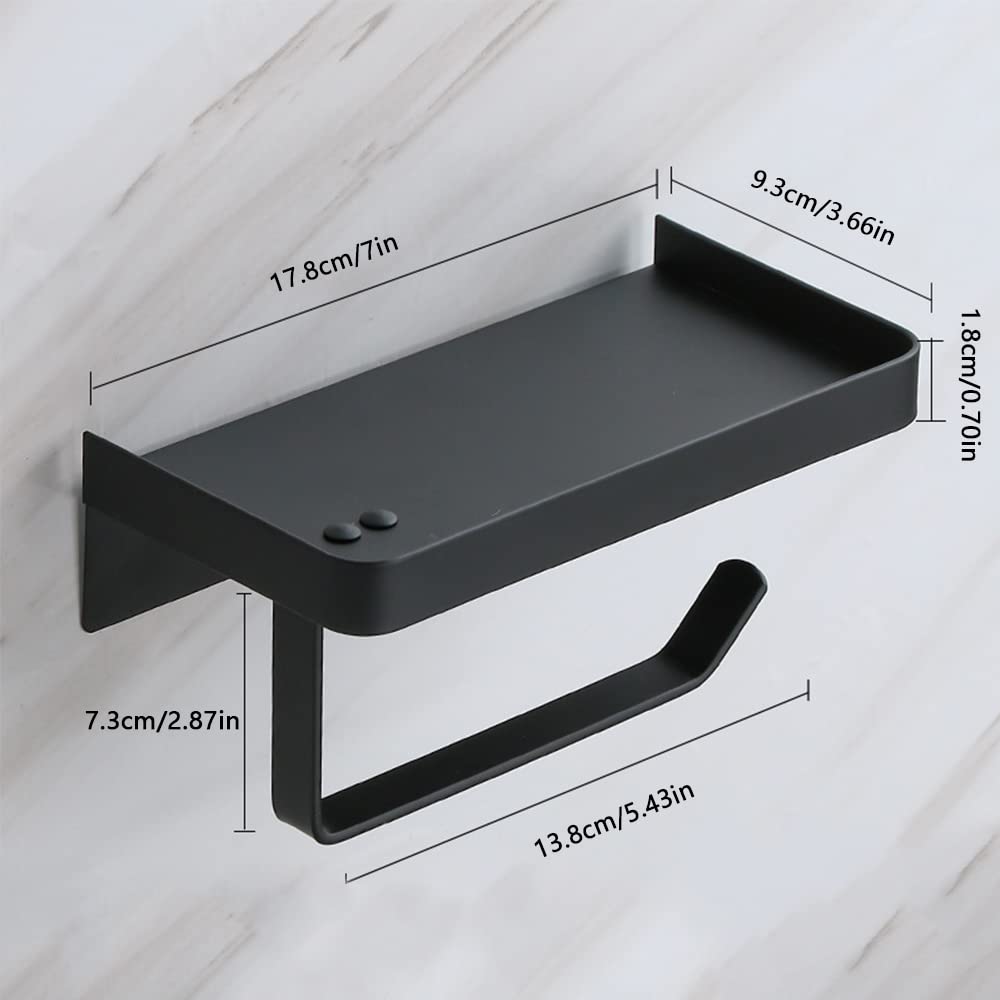 Portarotolo di carta igienica 2 in 1 con mensola, montaggio a parete, in acciaio inox, autoadesivo, per bagno e cucina (nero)