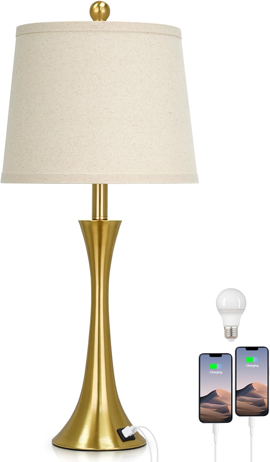 27.5" Gold Lamps for Living Room, Touch Control 3-Way Dimmable Bedside Nightstand Lamps Bedroom Lamp,Modern Gold Table Lamp with USB A+C Ports,Tall Lamps for Living Room End Table（1Pack）