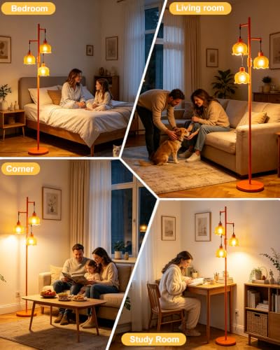 Image of Lightdot 3-Light Lotus Floor Lamp 65'' Dimmable with Orange Glass Shade & E12 Bulbs Included, Mid Century Tall Flower Lamp with 5Lbs Heavy Base for Living Room /Bedroom /Sofa Beside /Corner Decor - Gold