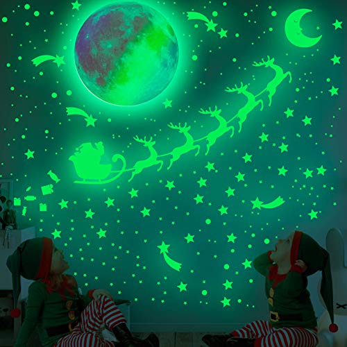 RJUP Decoración navideña que brilla en la oscuridad, pegatinas de pared temáticas de Navidad, pegatinas de pared para habitación de niños, regalos de decoración para niños y niñas