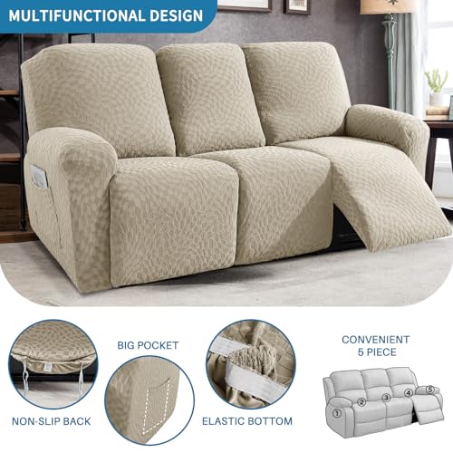 Image of 2026 Sofa Recliner Cover 5-Piece (69 inch-91 inch) Super Soft Recliner Couch Covers with Big Pocket & Anti Slip Ties Stay in Place, Stretch Lazy Boy Reclining Couch Sofa Slipcover Durable Washable, Khaki