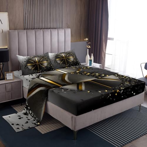 Feelyou Kids Boys Basketball Cool Sheet Set Full Size Sport Ball Theme Bed Sheets for Adult Teens 3D Print Bed Set Black Gold Glitter Print Sheets 4Pcs,1 Fitted Sheet+2 Pillow Sham+1 Flat Sheet