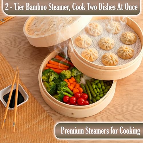 2-Tier Bamboo Steamer Basket with Chopsticks,10\" Dumpling Steamer Basket with Sauce Dish & Reusable Silicone Liners, Premium Steamers for Cooking Dim Sum, Bao Buns, Dumplings, Rice & Asian Vegetables