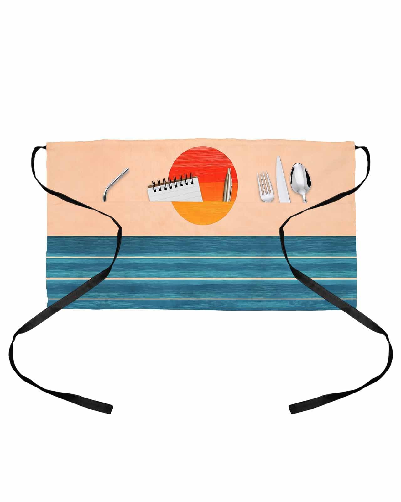 PIEPLE Orange Blue Stripe Server Apron Waitress Aprons with 3 Pockets, Watercolor Clean-lined Abstract Half Waist Waiter Aprons Restaurant Chef Aprons for Women Men